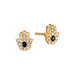 Abundant Blessings 14kt Gold Hamsa Earrings featuring sparkling diamonds and a sapphire, symbolizing blessings and protection, ideal for spiritual jewelry enthusiasts. A perfect charm for meditation and manifestation.