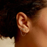 Close-up view of the United by Light 14kt Gold Diamond Chain Earring worn on an ear, highlighting its charm and elegance, representing spiritual meaning and protection, ideal for yoga and zodiac enthusiasts.