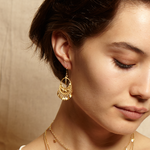 Gold Veils - Petal Chandelier Earrings worn by a model - Showcasing the elegant design of these earrings, blending fashion with spiritual meaning, ideal for those who practice yoga and seek protection and energy.