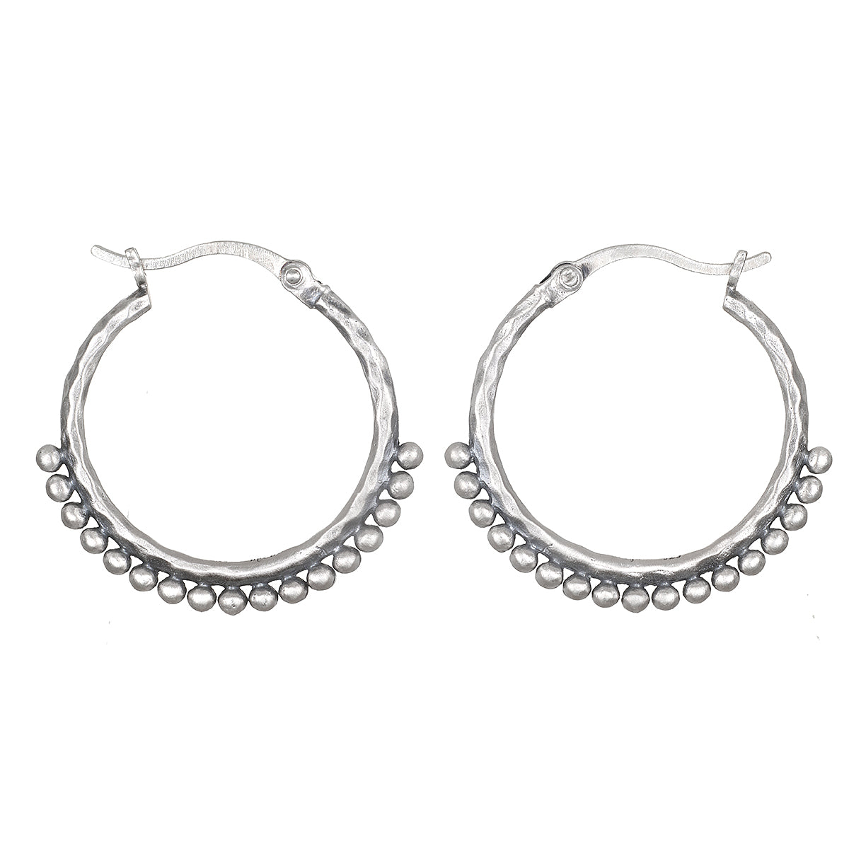 Embrace Simplicity Silver Hoop Earrings featuring a hammered design and delicate beads, perfect for adding a touch of elegance to any outfit. Ideal spiritual jewelry for meditation and meaningful moments, these earrings symbolize protection and charm in your everyday life.