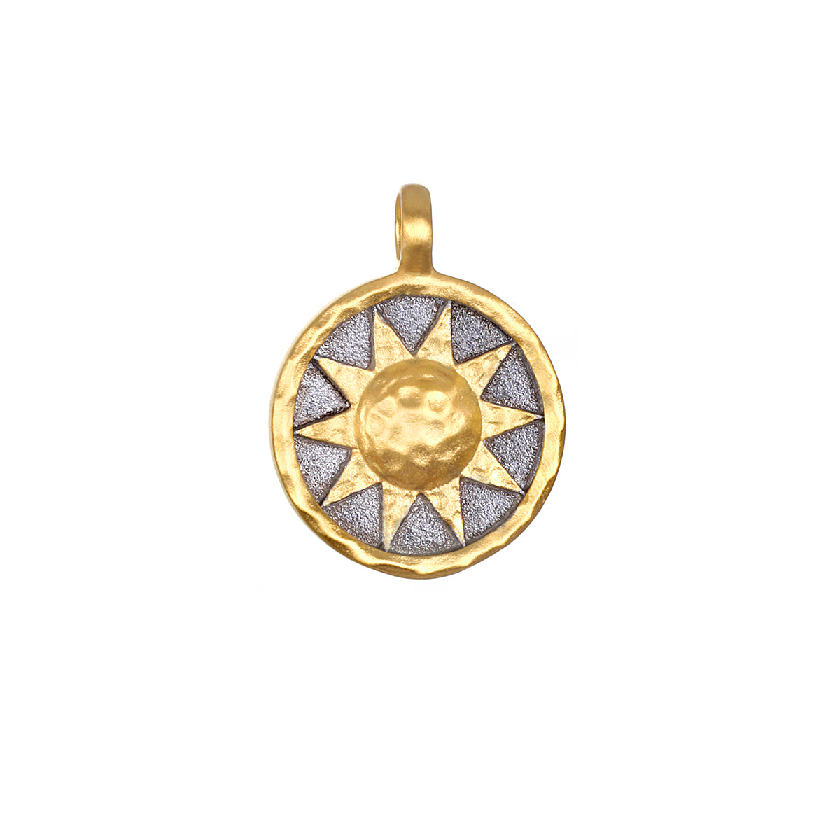 Golden Sun Gunmetal Charm featuring an 18kt gold plated sun over a gunmetal background, symbolizing vitality and leadership, ideal for spiritual jewelry, meditation, and meaningful manifestation. Perfect as a talisman for yoga practices, this charm embodies protection and zodiac energies.