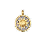 Golden Sun Gunmetal Charm featuring an 18kt gold plated sun over a gunmetal background, symbolizing vitality and leadership, ideal for spiritual jewelry, meditation, and meaningful manifestation. Perfect as a talisman for yoga practices, this charm embodies protection and zodiac energies.
