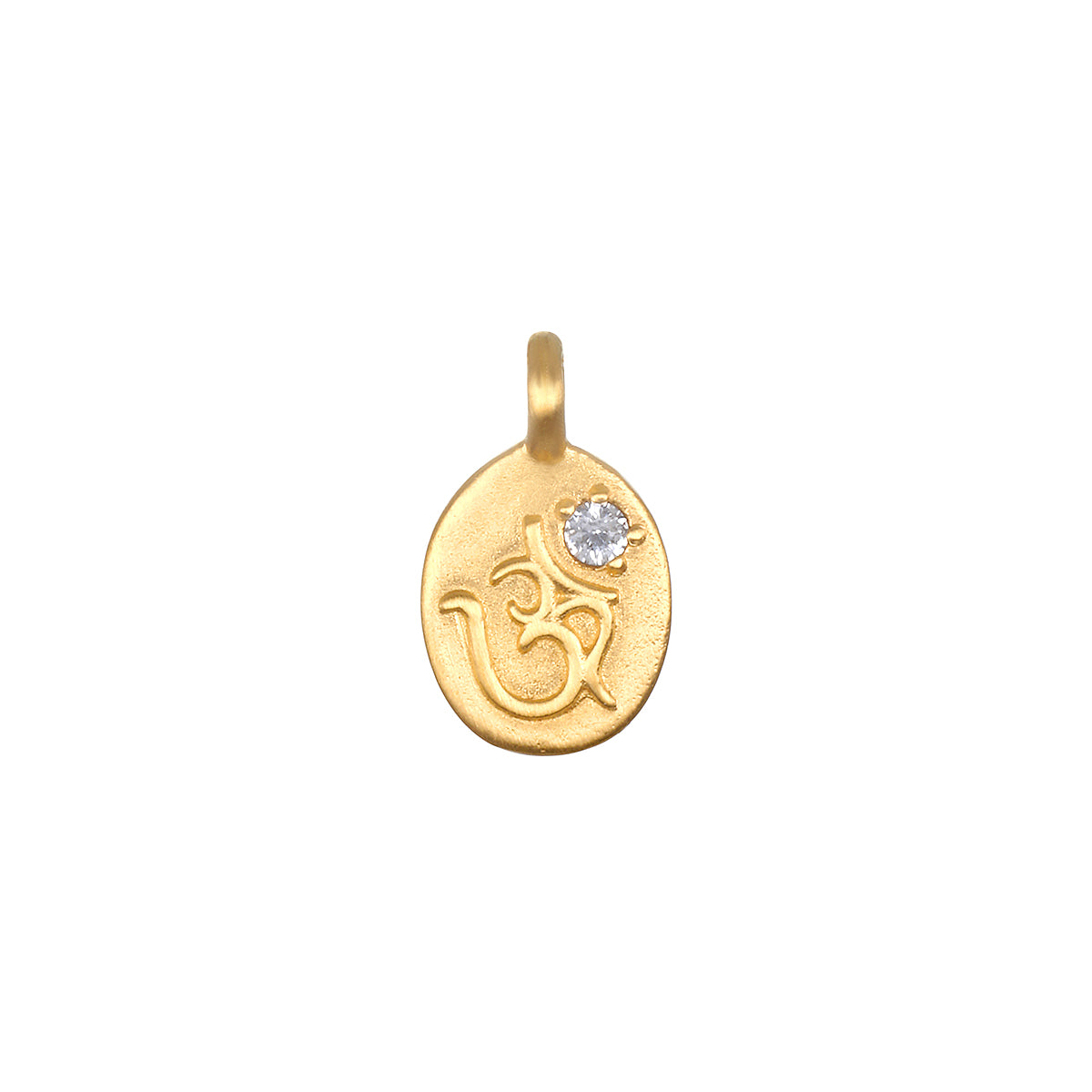 Sacred Sounds Om White Topaz Charm featuring a beautifully engraved Om symbol in 18kt gold plate, enhanced with a white topaz stone, perfect for spiritual jewelry, meditation, and as a meaningful charm for protection and manifestation.