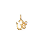 Universal Om White Topaz Charm featuring an openwork Om design, crafted in 18kt gold plate with a white topaz accent. This spiritual jewelry piece symbolizes individuality and creativity, making it a perfect talisman for meditation and yoga practice, enhancing personal manifestation and meaning.