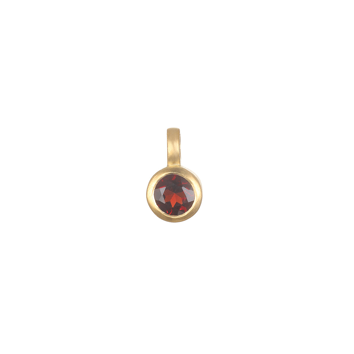 Garnet Bezel Charm in 18kt gold plate, representing love and friendship, perfect for spiritual jewelry, meditation, and as a meaningful talisman for zodiac enthusiasts. Ideal for personalizing malas or as a protective charm in yoga practices, embracing the essence of manifestation under the sun and moon.