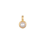 Elegant Pearl Bezel Charm in 18kt gold plate, a perfect addition to spiritual jewelry for personal expression, featured as a meaningful talisman representing June birthstone qualities of innocence and beauty. Ideal for yoga, meditation, and manifestation practices.