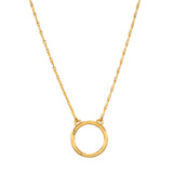Close-up of the 28" Chain Charm Necklace highlighting a circular charm holder in hammered gold design. A beautiful piece of spiritual jewelry for yoga practitioners, connecting to deep meaning and protection through personalized charms.