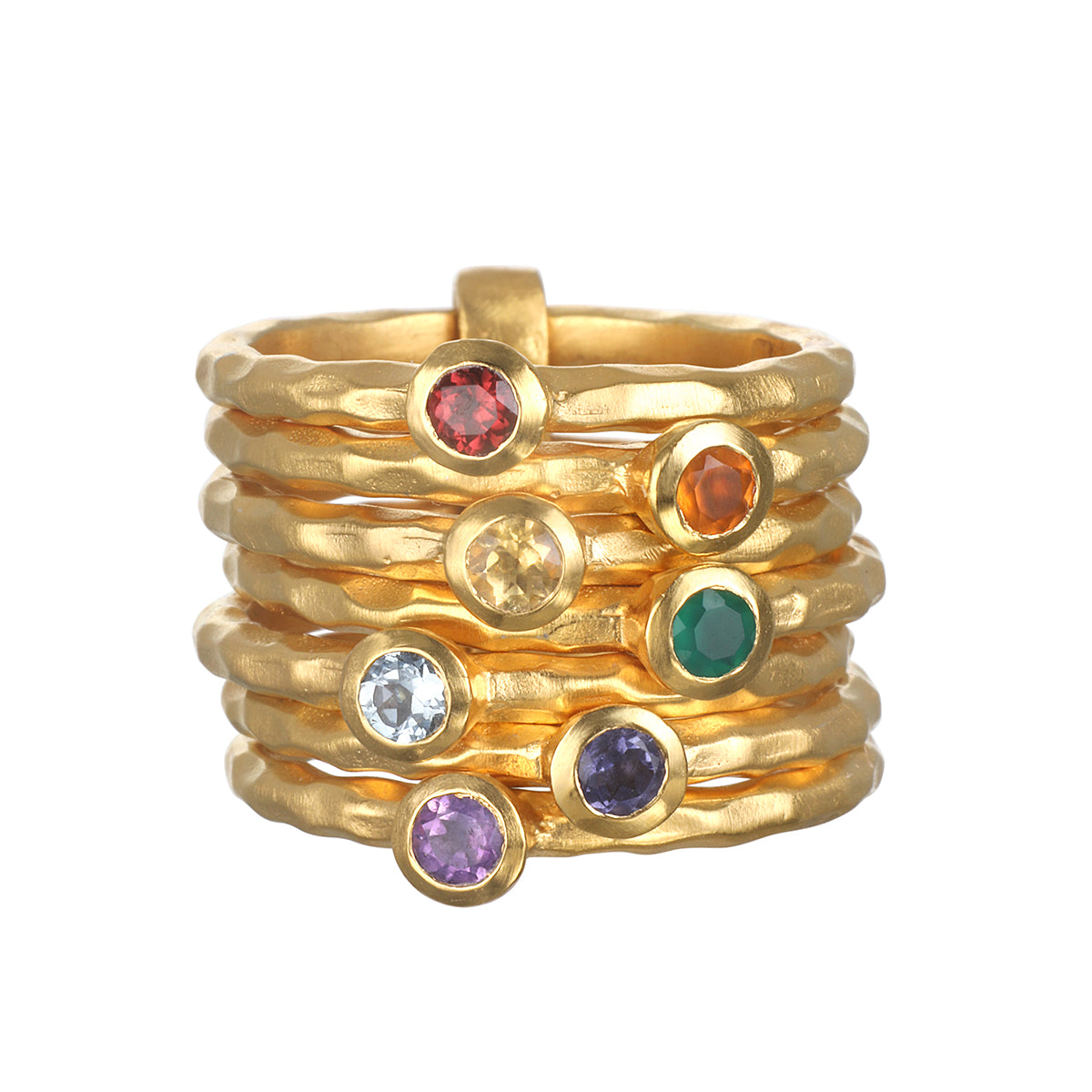 Ebb and Flow Chakra Stacked Statement Ring showcasing seven gold-plated rings adorned with various gemstones. This spiritual jewelry serves as a talisman for meditation, embodying the energy of the chakras for protection and meaningful manifestation in your yoga practice.