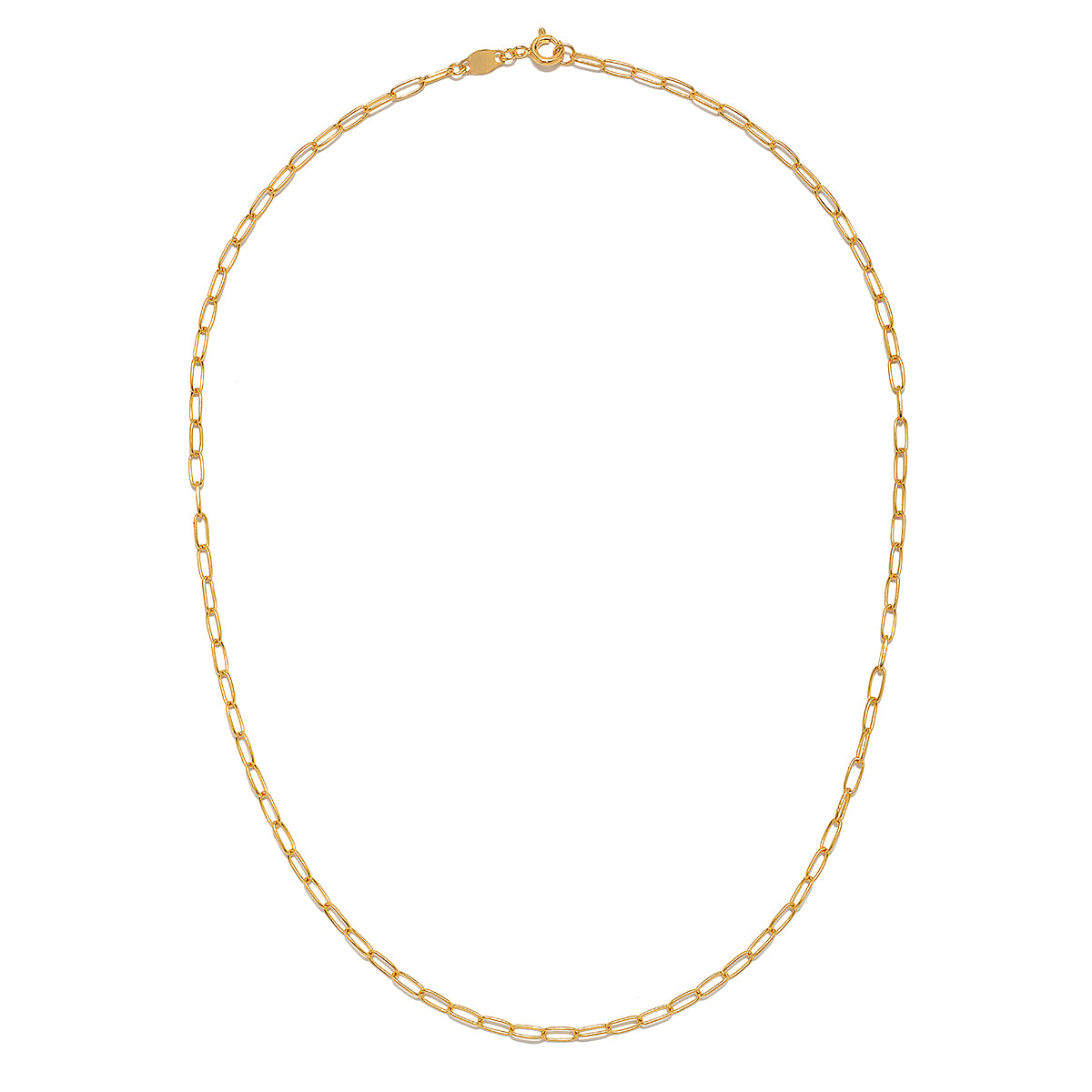 The Classic Beauty Paperclip Chain Necklace displayed elegantly on a white background, showcasing its refined beauty. This 18kt gold plated necklace represents spirituality and serves as a talisman for yoga and meditation.