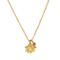 Bloom in Peace Lotus & Tourmaline Necklace featuring a delicate lotus flower pendant and pink tourmaline. This piece embodies spiritual jewelry for meditation, serving as a talisman for zodiac energy and meaningful manifestations in yoga practice.