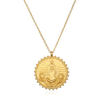 Our Lady of Guadalupe, Divine Mother Necklace featuring an 18kt gold plated coin pendant. This spiritual jewelry symbolizes motherhood and hope, making it a meaningful talisman for those on a path of meditation, protection, and manifestation.