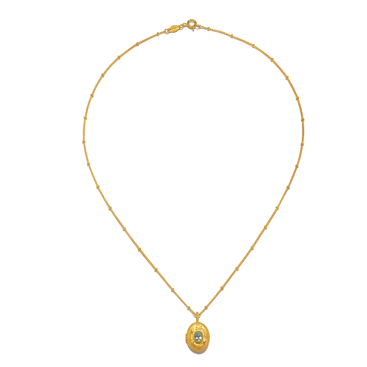 The Lotus Aquamarine Birthstone Locket Necklace - March displayed elegantly. This spiritual piece symbolizes the tranquility and courage found in meditation, making it a beautiful charm for manifestation and zodiac enthusiasts.