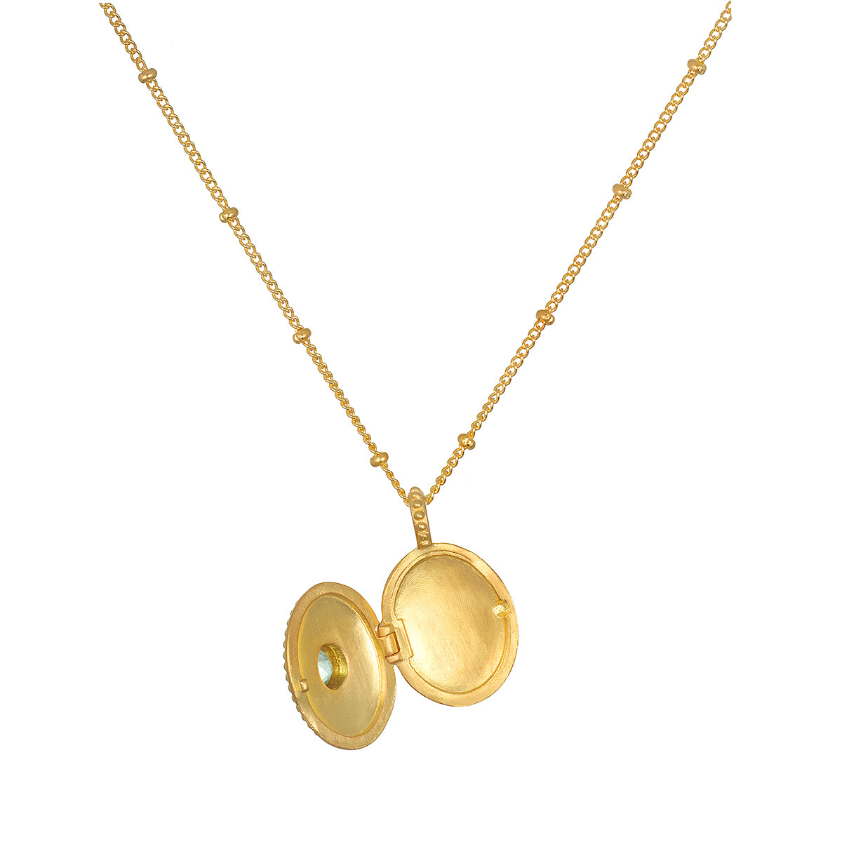 The open Lotus Aquamarine Birthstone Locket Necklace - March showcases its elegant design. This talisman represents spiritual protection and meaningful connections, ideal for those on a journey of meditation and yoga.