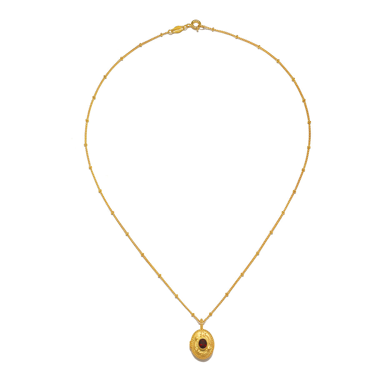 Lotus Garnet Birthstone Locket Necklace - January displayed elegantly, featuring an 18kt gold plated pendant with a faceted red garnet, symbolizing love and new beginnings. This piece of spiritual jewelry embodies the essence of meditation and meaning, perfect for manifestation and protection, ideal for yoga enthusiasts and zodiac lovers alike.