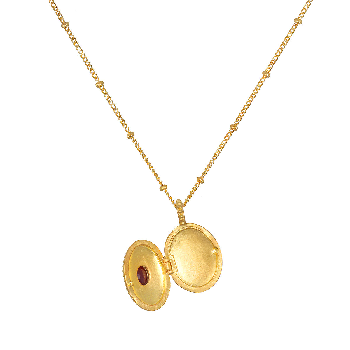 Lotus Ruby Birthstone Locket Necklace - July with the locket open, revealing space for personal keepsakes, embodying the essence of spirituality and meaning in jewelry, perfect for zodiac lovers and meditators alike.