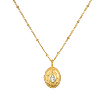 Lotus White Topaz Birthstone Locket Necklace - April, an elegant 18kt gold plated locket featuring a sparkling white topaz, symbolizing individuality and creativity. This spiritual jewelry piece serves as a meaningful talisman for meditation and manifestation, while incorporating the essence of the lotus flower for new beginnings, making it perfect for yoga enthusiasts and those seeking protection and connection to the zodiac.