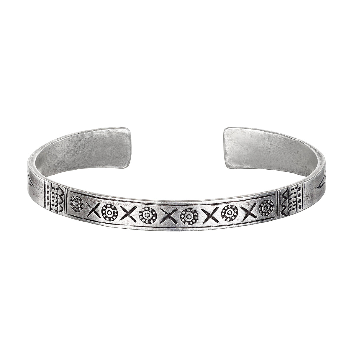 Grounded in Fortitude Sterling Silver Men's Cuff featuring intricate patterns, perfect as spiritual jewelry for meditation or as a talisman. This meaningful piece symbolizes strength and protection, ideal for yoga and manifestation practices.