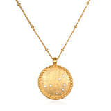 Sacred Sisterhood Constellation Necklace showcasing an 18k gold plated pendant with white topaz gemstones, embodying themes of spirituality and harmony. Perfect as a meditation gift, this necklace symbolizes sisterhood and individuality, making it a meaningful addition to your spiritual jewelry collection. Wear it as a protective amulet representing your zodiac connection.