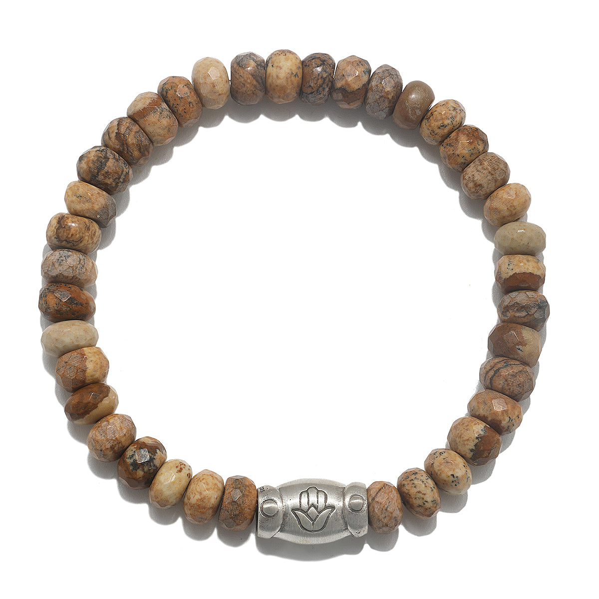 Deeply Rooted Picture Jasper Gemstone Men's Bracelet featuring natural picture jasper beads and a silver hamsa bead for protection and blessings. Perfect for those seeking spiritual jewelry, meditation, and meaningful talismans for grounding and harmony.
