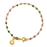 Abundant Joy Tourmaline Gemstone Bracelet featuring vibrant tourmaline stones and a gold sun pendant, designed for spiritual jewelry, meditation, and protection by Satya Jewelry. This meaningful piece symbolizes vitality and leadership, ideal for yoga and manifestation.