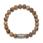 Men's Blessings and Balance Hamsa Jasper Gemstone Bracelet showcased with picture jasper beads and a silver hamsa, embodying spiritual jewelry and meditation practices for protection and grounding. Perfect for those seeking meaningful talismans and manifestations.