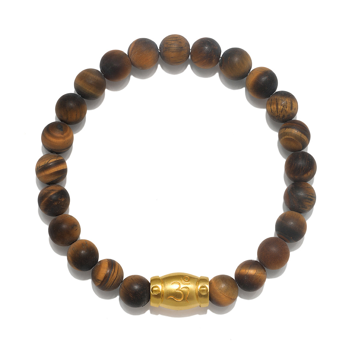 Personal Power Tiger Eye Gemstone Men's Bracelet featuring smooth round tiger eye stones and a golden Om bead, perfect for spiritual jewelry, meditation, and protection. This meaningful mala is ideal for those seeking empowerment, balance, and charm in their yoga practice and manifestation journey.