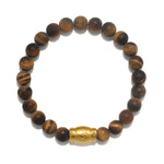 Personal Power Tiger Eye Gemstone Men's Bracelet featuring smooth round tiger eye stones and a golden Om bead, perfect for spiritual jewelry, meditation, and protection. This meaningful mala is ideal for those seeking empowerment, balance, and charm in their yoga practice and manifestation journey.