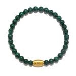 Path to Healing Malachite Gemstone Men's Bracelet featuring smooth malachite beads and a golden 'PEACE' bead, ideal for spiritual jewelry, meditation, and protection while embodying love and healing. This piece is designed for mindfulness and meaningful manifestation.