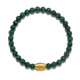 Path to Healing Malachite Gemstone Men's Bracelet featuring smooth malachite beads and a golden 'PEACE' bead, ideal for spiritual jewelry, meditation, and protection while embodying love and healing. This piece is designed for mindfulness and meaningful manifestation.
