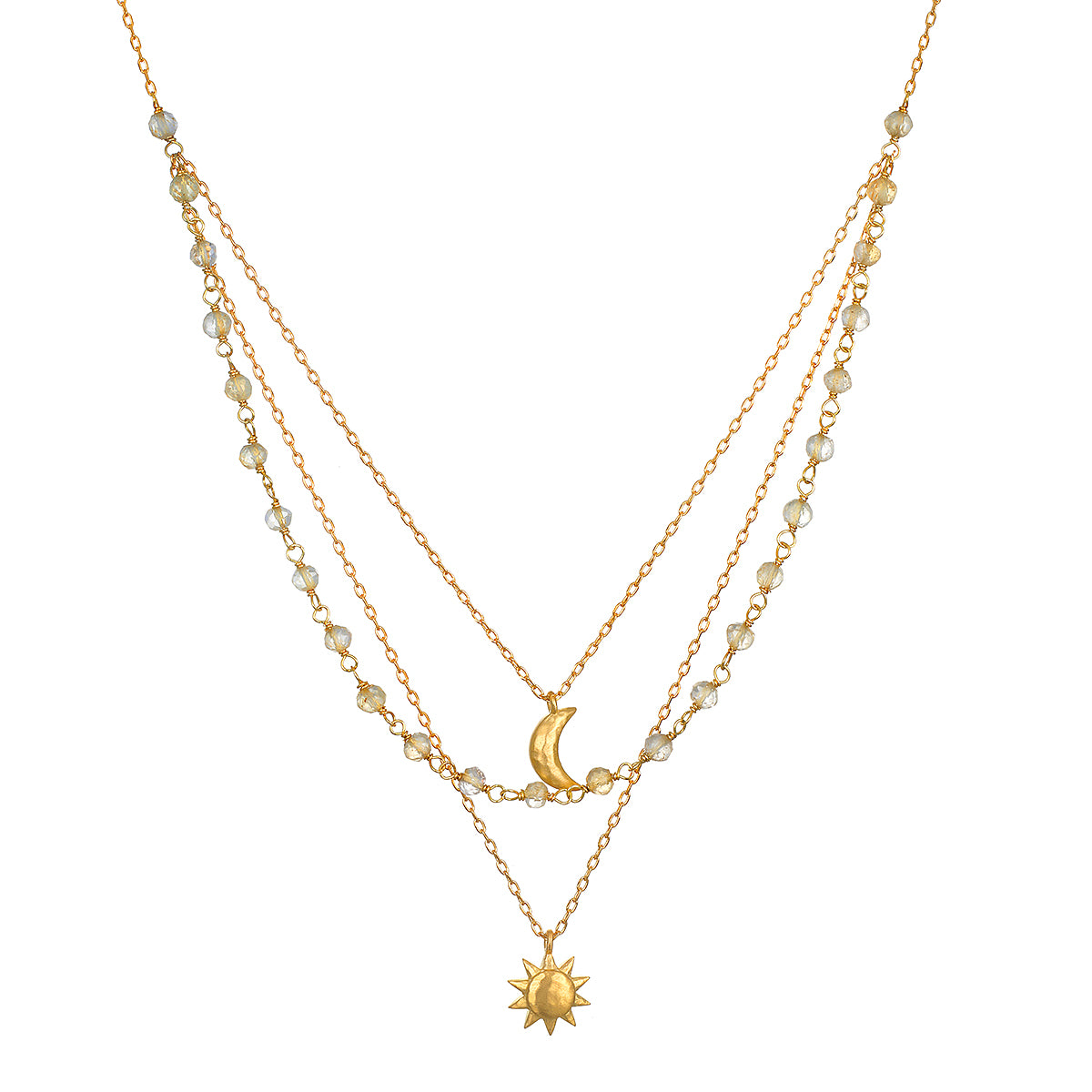 Cast a Light, Sun, Moon & Citrine Triple Necklace showcasing a beautiful design featuring a radiant sun and a crescent moon, perfect for spiritual jewelry and meditation practices. This mala necklace symbolizes protection and manifestation, ideal for yoga enthusiasts who seek meaningful charms.