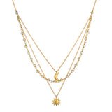Cast a Light, Sun, Moon & Citrine Triple Necklace showcasing a beautiful design featuring a radiant sun and a crescent moon, perfect for spiritual jewelry and meditation practices. This mala necklace symbolizes protection and manifestation, ideal for yoga enthusiasts who seek meaningful charms.