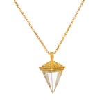 Truthful Guidance Crystal Pendulum Necklace featuring a clear quartz crystal pendant, symbolizing positivity and healing, crafted with 18kt gold plate. A meaningful spiritual jewelry piece ideal for meditation and manifestation, reflecting protection and charm.