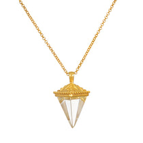 Truthful Guidance Crystal Pendulum Necklace featuring a clear quartz crystal pendant, symbolizing positivity and healing, crafted with 18kt gold plate. A meaningful spiritual jewelry piece ideal for meditation and manifestation, reflecting protection and charm.