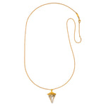Truthful Guidance Crystal Pendulum Necklace displayed against a white background, highlighting the clear quartz pendant and intricate gold detailing. This necklace serves as a spiritual symbol, perfect for those interested in zodiac, meditation, and meaningful manifestation.