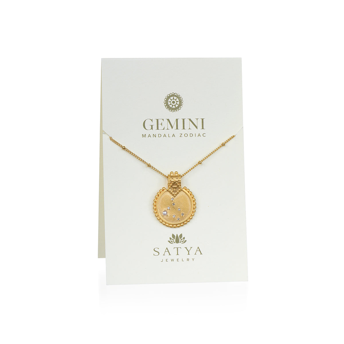 Mandala Zodiac Gemini Pearl Necklace displayed on a card, symbolizing spiritual jewelry featuring pearls as a talisman for Gemini, reflecting meditation, zodiac meanings, and protection for the wearer.