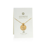 Mandala Zodiac Gemini Pearl Necklace displayed on a card, symbolizing spiritual jewelry featuring pearls as a talisman for Gemini, reflecting meditation, zodiac meanings, and protection for the wearer.