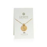 Mandala Zodiac Gemini Pearl Necklace displayed on a card, symbolizing spiritual jewelry featuring pearls as a talisman for Gemini, reflecting meditation, zodiac meanings, and protection for the wearer.