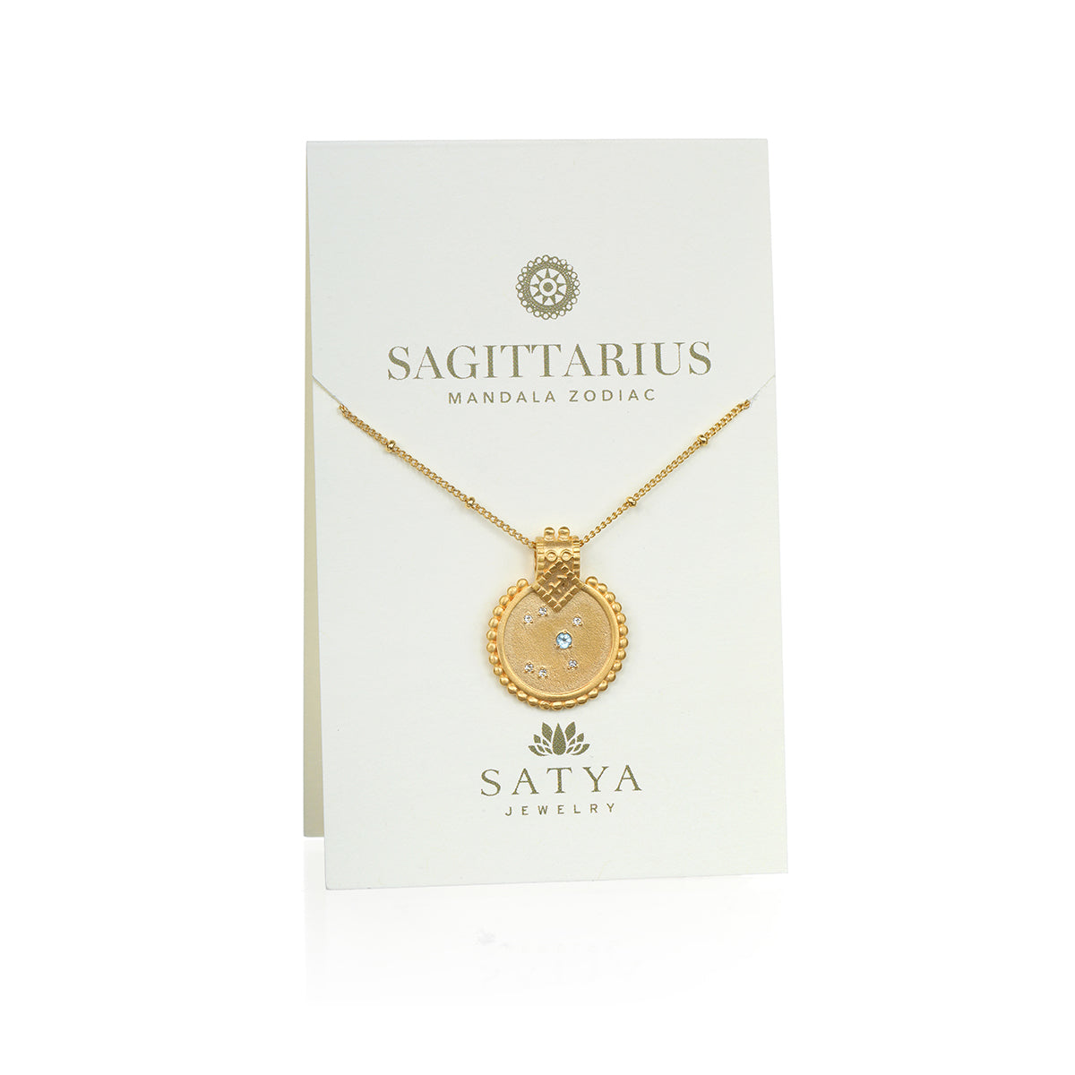The Mandala Zodiac Sagittarius Blue Topaz Necklace elegantly presented on a display card, emphasizing its significance as spiritual jewelry for yoga and meditation, symbolizing protection and zodiac inspiration.