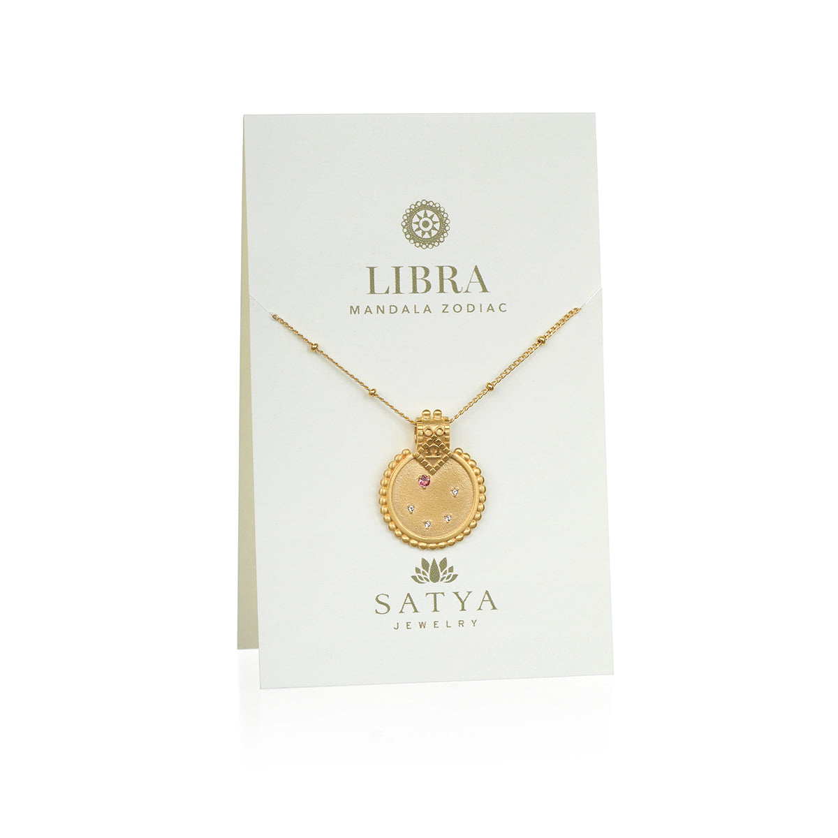 Mandala Zodiac Libra Pink Tourmaline Necklace beautifully displayed on a card, embodying spiritual jewelry and meaningful design, perfect for meditation, manifestation, and zodiac enthusiasts.