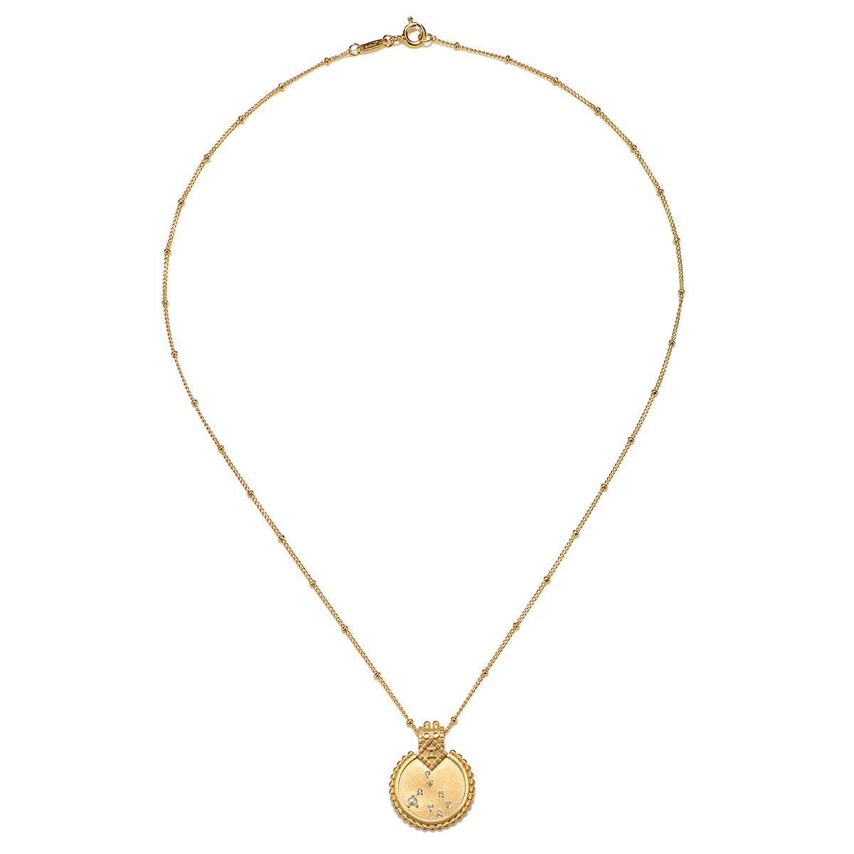 Side view of the Mandala Zodiac Gemini Pearl Necklace showcasing its elegant chain and details. This spiritual jewelry piece reflects the dualistic nature of Gemini, merging beauty with protection. It serves as a meaningful addition to any collection, enhancing meditation and manifestation practices.