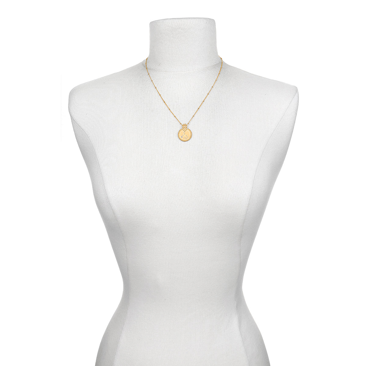 Model wearing the Mandala Zodiac Gemini Pearl Necklace, showcasing the elegant design and its significance in spiritual practices, meditation, and astrology, serving as a meaningful talisman for yoga and manifestation.