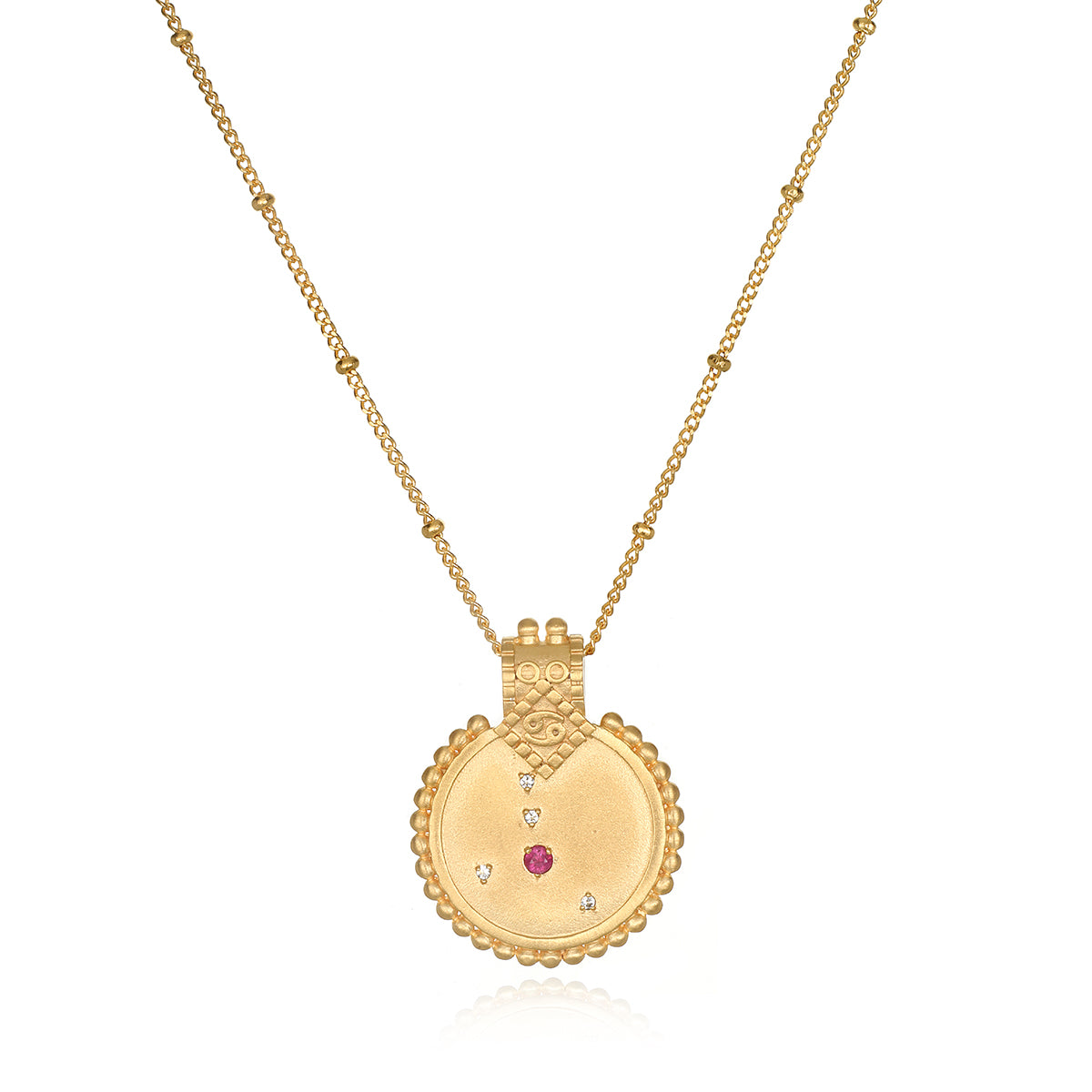 Mandala Zodiac Cancer Ruby Necklace, a beautiful piece of spiritual jewelry that symbolizes the nurturing qualities of Cancer. This meaningful talisman features a vibrant ruby pendant, perfect for enhancing meditation and manifestation practices. Ideal for those who resonate with zodiac signs, this necklace aligns with energies of protection and the balance of sun and moon during yoga.