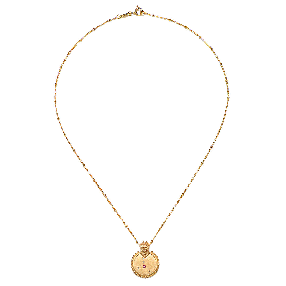 Mandala Zodiac Cancer Ruby Necklace featuring a delicate design with a crimson ruby pendant, symbolizing spiritual jewelry and zodiac protection perfect for meditation and yoga practices.