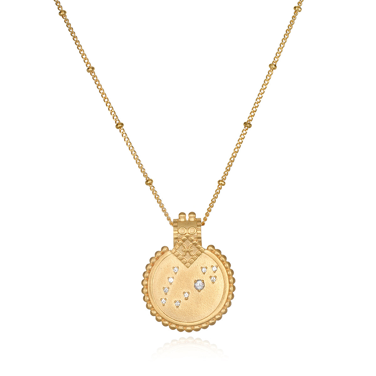 Mandala Zodiac Pisces Aquamarine Necklace featuring a beautiful gold-plated design with symbolic elements, perfect for those seeking spiritual jewelry, meditation gifts, and meaningful manifestations. This protective amulet resonates with the energy of the Pisces zodiac, making it an ideal choice for yoga and mantra practices.