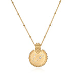 Mandala Zodiac Pisces Aquamarine Necklace featuring a beautiful gold-plated design with symbolic elements, perfect for those seeking spiritual jewelry, meditation gifts, and meaningful manifestations. This protective amulet resonates with the energy of the Pisces zodiac, making it an ideal choice for yoga and mantra practices.