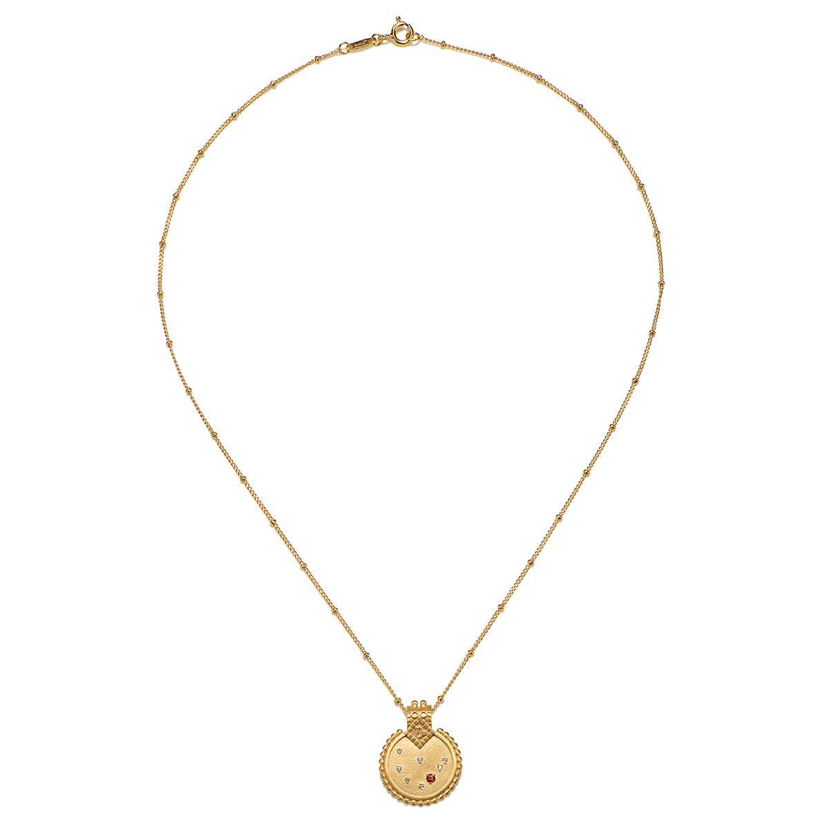 Mandala Zodiac Capricorn Red Garnet Necklace displayed elegantly, crafted with 18kt gold plating, embodying spiritual jewelry and a meaningful amulet for meditation, manifestation, and yoga enthusiasts.