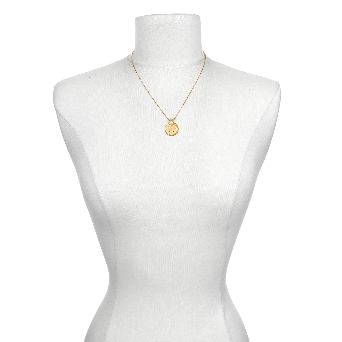 Mandala Zodiac Capricorn Red Garnet Necklace showcased on a minimalist dress form, symbolizing protection and spiritual significance, perfect as a meditation gift or sacred accessory for zodiac lovers.
