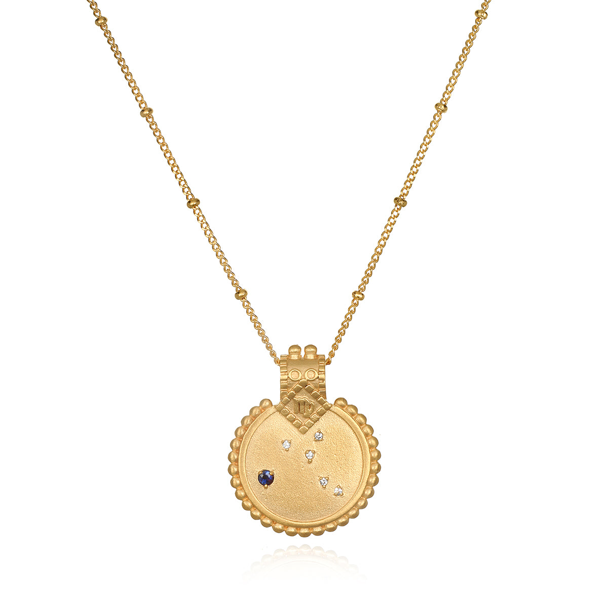 Mandala Zodiac Virgo Sapphire Necklace featuring an intricate gold-plated design, symbolizing protection and spiritual awakening. This meaningful talisman is perfect for meditation and yoga enthusiasts, embodying the essence of the Virgo zodiac sign while enhancing manifestation and mindfulness.