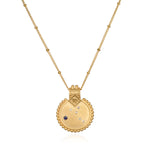 Mandala Zodiac Virgo Sapphire Necklace featuring an intricate gold-plated design, symbolizing protection and spiritual awakening. This meaningful talisman is perfect for meditation and yoga enthusiasts, embodying the essence of the Virgo zodiac sign while enhancing manifestation and mindfulness.