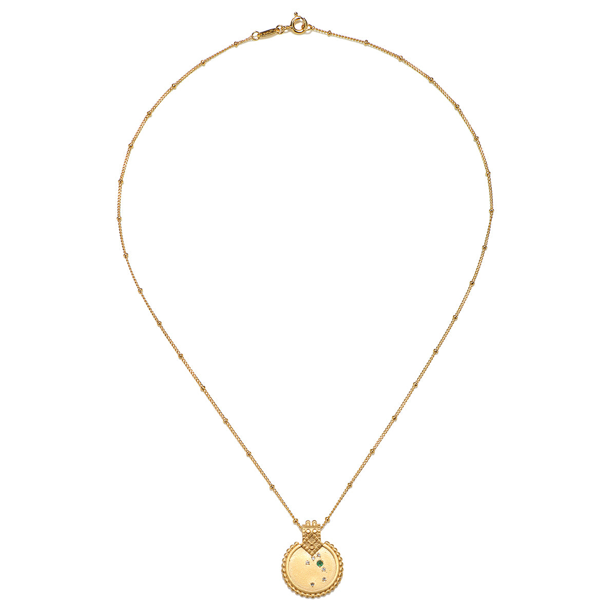 Mandala Zodiac Taurus Emerald Necklace showcasing its elegant design, perfect for spiritual jewelry and meditation gifts. This meaningful amulet symbolizes Taurus energy, embodying protective qualities for a vibrant yoga practice.